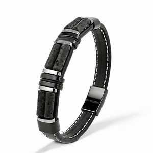Bracciale da uomo in pelle nera autentica con pietre naturali geometriche di alta qualità, fatto a mano, per <span class=keywords><strong>coraggio</strong></span> e sollievo dallo stress. - Product Image 5