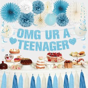 Décorations pour le 13e <span class=keywords><strong>anniversaire</strong></span>, bleu clair pailleté OMG Tu es une adolescente |   Bannière Joyeux <span class=keywords><strong>13</strong></span>ème <span class=keywords><strong>Anniversaire</strong></span>, Éventails en Papier, Pompons pour Garçons et Filles - Product Image 3