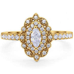 Anillo de Compromiso y Boda con Halo de Diamantes de Corte Marquesa Chapado en Oro Amarillo de 14 Quilates y Moissanita, Joyería Fina - Product Image 1