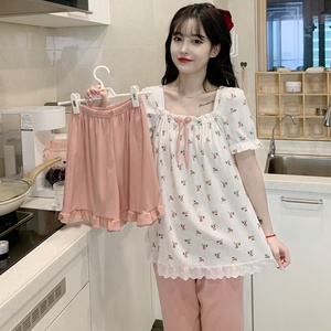 Conjunto de Pijamas de Verano <span class=keywords><strong>para</strong></span> Mujer de Tres Piezas, Camiseta de Manga Corta, Pantalones Cortos y Largos, <span class=keywords><strong>Ropa</strong></span> de Dormir <span class=keywords><strong>para</strong></span> Chicas - Product Image 1