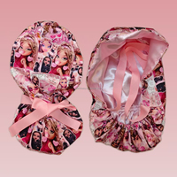 Bonnets de travail médicaux en satin doublé pour femmes aux cheveux longs, avec motif dessin animé PPG et attaches ruban pour queue de cheval