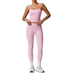 Womens Workout Set Two Piece <b>Cross</b> Back Tank <b>Top</b> High Waist Leggings Seamless Yoga Outfit Gym Clothes - Product Image 1