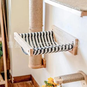 Hamaca de madera maciza para gatos, montada en la pared, 40x35 cm, tela a rayas, cama para mascotas para ventanas, balcones y tomar el sol - Product Image 2
