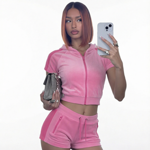 <b>Y2K</b> Unisex Custom Logo Casual Velour Short Sleeve Zipper Hooded Jacket & Long <b>Top</b> 2 Piece Long Set Breathable Fabric - Product Image 1