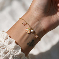 Bracelet en acier inoxydable plaqué or 18 carats avec coquille émaillée et perle pour femme, pierre naturelle rose, délicat, vente en gros OEM