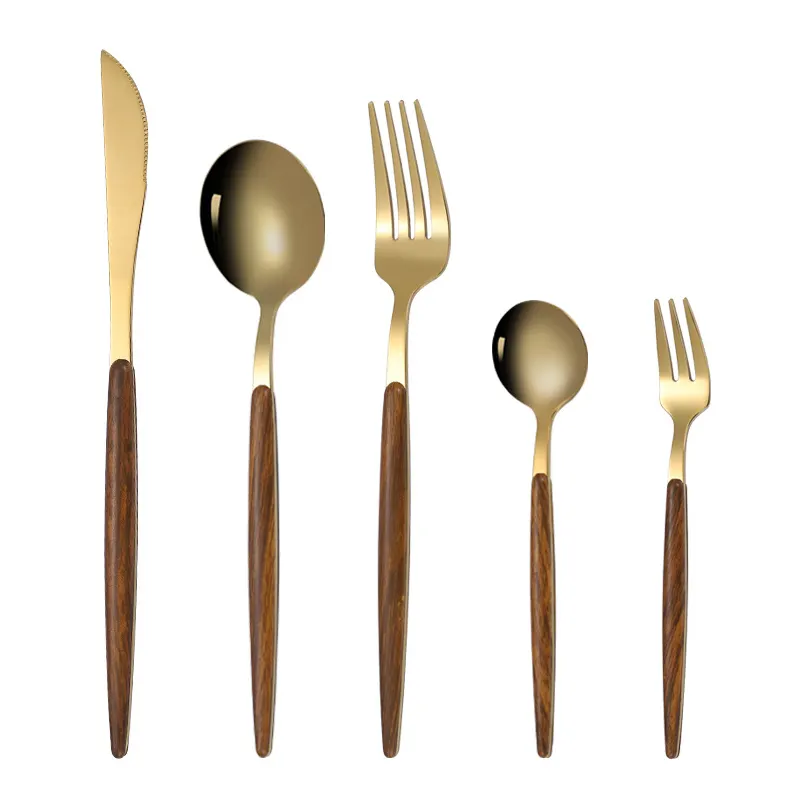 Portuguese Vintage Wooden Handle Stainless Steel Gold Luxury Flatware Cutlery Sets Table Spoon And Fork Knife For Restaurant