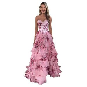S3413N 2026 Nuovo Vestito da Sera da Donna a Trapezio con Stampa Floreale, Corsetto e <span class=keywords><strong>Spacco</strong></span> Frontale, Gonna Lunga con Volant, Ideale per Feste - Product Image 4