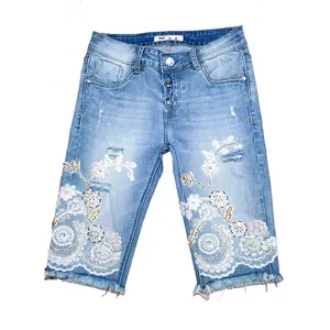 Luxury denim paris girls mini jeans capris with luxury lace and colorful beading shorts for women