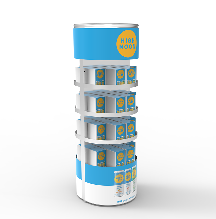 Apache Customized Yellow Metal Beverage Display Rack 4 Cylindrical Layers Floor Standing Modern Luxury Supermarkets Advertising — view 5