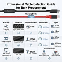 Cables de Datos USB C de 240W PD3.1 con Trenzado de Nailon de 5 Metros, Ángulo Recto, Longitud Personalizada, Cableado Interno para Equipos, Certificación E-Marker y CE