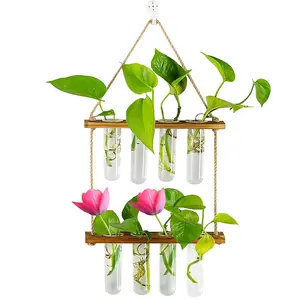 ドロップシップ壁掛け植物繁殖プランター2層ガラステラリウムウッドホルダー付きホームオフィス用8試験管花瓶