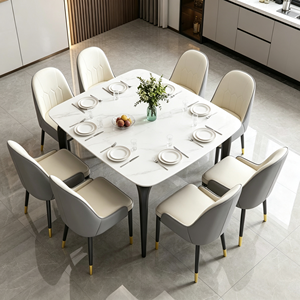 Ensemble de table à manger rectangulaire moderne en marbre, 6 chaises en cuir PU, plateau en pierre frittée, pieds en métal, mobilier de salle à manger minimaliste - Product Image 1