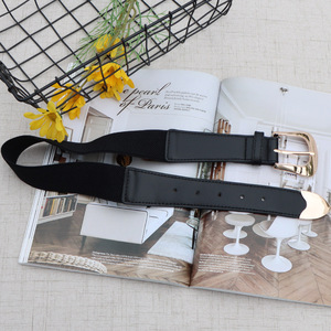 <span class=keywords><strong>Ceinture</strong></span> en cuir noir pour <span class=keywords><strong>femme</strong></span> Yonger Factory avec <span class=keywords><strong>boucle</strong></span> ardillon <span class=keywords><strong>dorée</strong></span> et partie en tissu élastique – Accessoire de mode féminin - Product Image 3