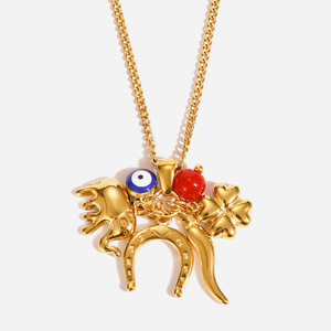 Collier en acier inoxydable Evil Eye avec breloques fer à cheval, trèfle et éléphant – Bijou tendance pour cadeau - Product Image 1