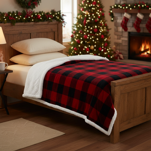Coperta Sherpa Nera e Rossa a Quadri Buffalo per Letto Singolo 60x70 Pollici, Morbida e Accogliente in Pile e Flanella - Product Image 3