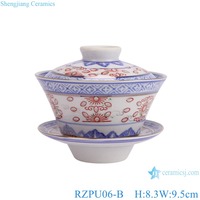 RZPU06-B-C Jingdezhen 블루와 화이트 레드 하나님 쌀 패턴 크레인 Gaiwan 차 컵 유약