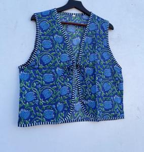 Handmade Blue Floral Printed Cotton Short Puffer <b>Waistcoat</b> <b>Women's</b> Open Front V-Neck Dori Vest Jacket Casual Outer Wear - Product Image 3