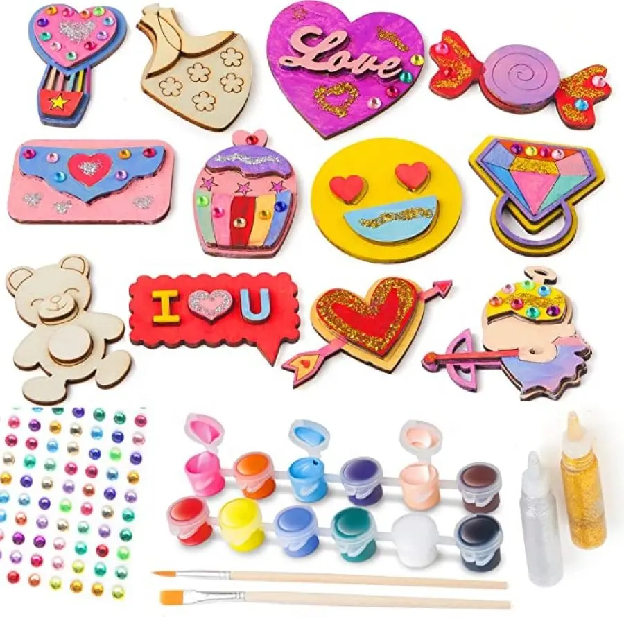 Imán de madera de San Valentín para colorear por Kit de regalo para niños, suministros para manualidades