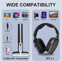 Auriculares Inalámbricos para TV y Uso con Audífonos, 2.4GHz/5.3, Alcance de 30M, Baja Latencia, Indicador LED de Batería, Base de Carga
