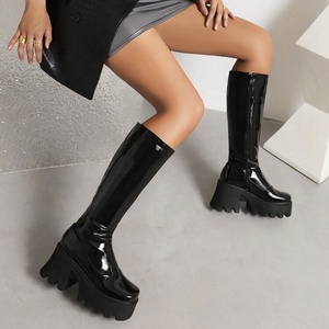 Thick Sole High Platform Women's Long Boots Bright Mirror Leather School Girl <b>Shoes</b> Fashion Side Zipper Booties Square Heels - Product Image 3