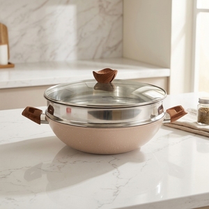 Sartén Profunda Antiadherente de Aleación de Aluminio y Cerámica, <span class=keywords><strong>Wok</strong></span>, Olla Grande <span class=keywords><strong>para</strong></span> Cocinar, con Mango con Diseño de Madera y Vaporera - Product Image 3
