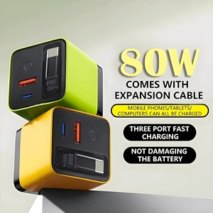 UE EE. UU. Reino Unido 3 en 1 PD Adaptador de viaje 80W GaN Cargador rápido Enchufe de pared retráctil con cable USB C A + C Módulo de carga rápida para teléfonos - Product Image 1