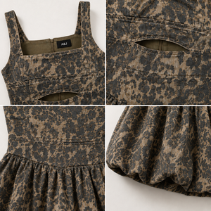 Vestido Mini con Estampado de Leopardo y Dobladillo con Burbujas para Mujer, Cuello Cuadrado, Abertura en el Ombligo, Tirantes Anchos, para Fiesta, Fabricante OEM ODM, A&J GRS - Product Image 2