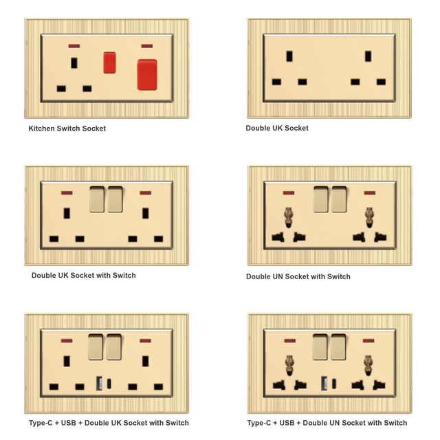 Electrical Accessories Universal Single 5Pin Multi Socket British Style Double 13A C Post USB Switch Socket With Neon