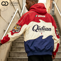 Veste de course imperméable pour homme personnalisable avec applique chenille, style vintage, color block, à capuche, coupe ample, coupe-vent, avec bordures côtelées