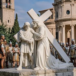 Sculpture en marbre blanc de Jésus, grande et célèbre, représentant la cinquième station de la Via Crucis, <span class=keywords><strong>Simon</strong></span> aide Jésus à porter la croix, sculpture de la 14e station - Product Image 2