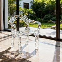 Fauteuil d'art contemporain en résine transparente cristal platine de luxe léger, motif goutte d'eau et feuille, pour salon, table à thé glacier