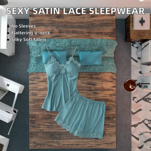 Nouvelle lingerie sexy pour femmes, vêtements de nuit en satin doux et lisse, camisole en dentelle, short en soie, pyjama femme tendance - Product Image 2