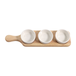 Rubber <strong>Wood</strong> Serving Tray with 3 Ceramic Bowls <strong>Wood</strong> <strong>Plate</strong> and Ceramic Dip Bowl Set - Product Image 1