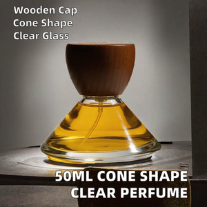 Exclusive Design Hot-sale 100ml Cone Shape Clear <b>Empty</b> Perfume <b>Bottle</b> with Wooden Cap Screen Printing Pump Sprayer/ - Product Image 2