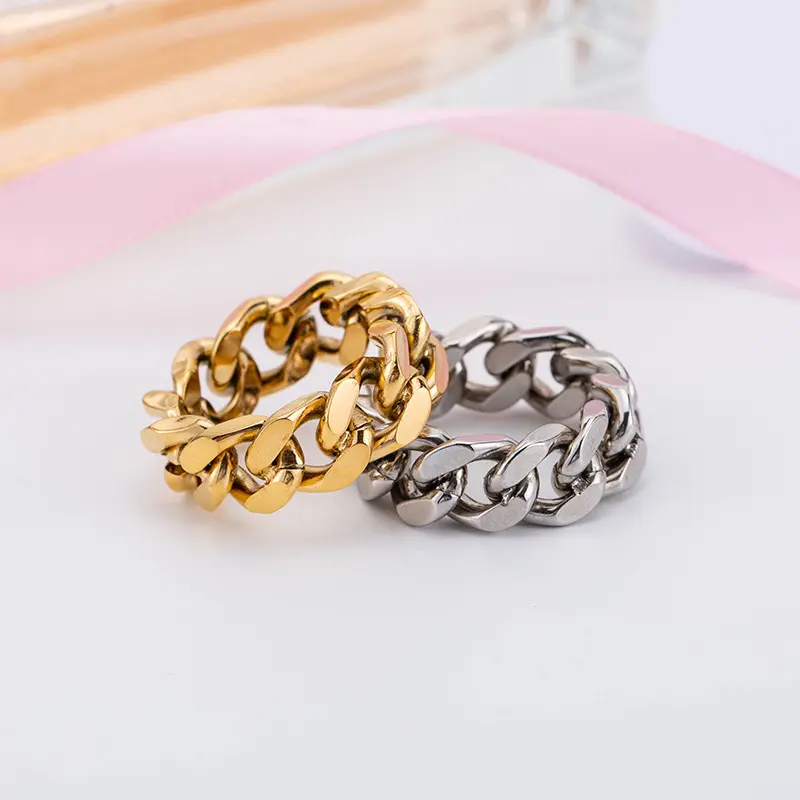 Waterproof Non Tarnish Gold Jewelry Gold Plated Stainless Steel Metal Hollow Chain Twist Ring Cuban Link Ring For Women