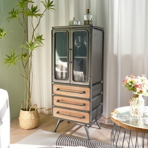 Custom Home Furniture Industrial Design <b>Living</b> <b>Room</b> Antique Book Storage Metal Iron <b>Wood</b> <b>Cabinet</b> with 3 Drawers and Glass Door - Product Image 2