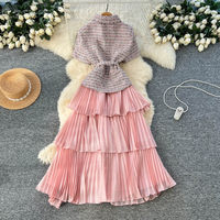Ensemble de 2 pièces pour femmes WIWT, haut élégant en tweed à manches courtes et jupe longue plissée rose, pour un usage quotidien, vêtements pour femmes