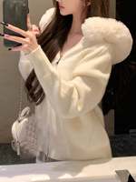 Cardigan en tricot pour femme avec capuche en fausse fourrure, fermeture éclair intégrale, coupe oversize, manches longues, poches, pull d'hiver, fabricant OEM ODM sur mesure en gros