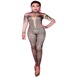 Combinaison moulante sexy couleur chair avec diamants noirs, costume de danse amoureuse moderne pour femmes, costume d'acrobate, costume de danseuse, costume de <span class=keywords><strong>GoGo</strong></span> - Product Image 1