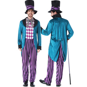Ensemble de costumes parent-enfant Chapeau Fou, veste en velours bleu-vert, pantalon rayé violet, haut-de-forme, cosplay - Product Image 2