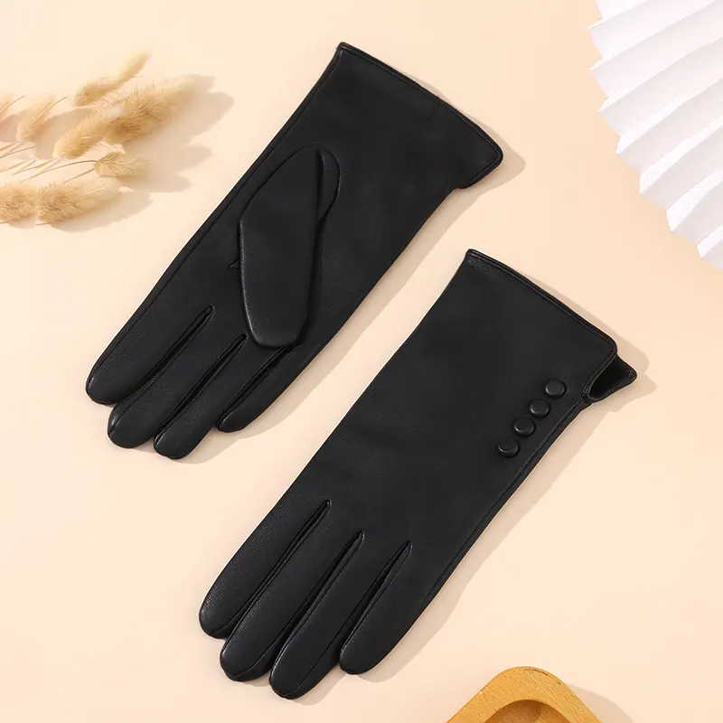 Winter warm black fashion women's PU 4 button touch screen leather gloves