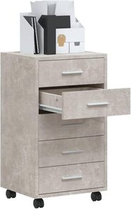 Commode à tiroirs mobile à 5 tiroirs, armoire de rangement basse, armoire à dossiers mobile pour le personnel, bois d'ingénierie gris béton, commode de chambre à coucher - Product Image 2
