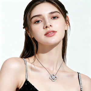 Collar con Colgante de Flor de Fábrica, Plata de Ley 925, Bañado en Rodio, Corte Brillante Redondo, Engaste de Garra, Cadena Clásica para Mujer - Product Image 5