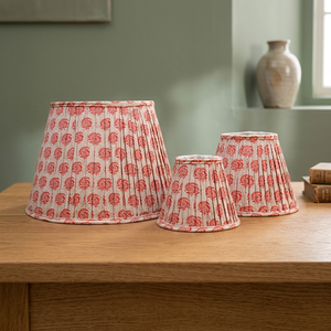 Red Floral Pattern Viscose Linen <b>Lampshade</b> | Handcrafted Block Printed Pleated <b>Drum</b> Shade | Table, Floor & Pendant Lighting - Product Image 3