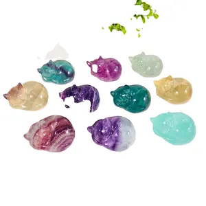 Wholesale natural new arrival product yellow fluorite small sleeping cats crafts crystal carvings for decoration