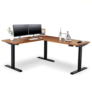 定制设计三电机电动可调高度书桌l形站立桌棕色木质电动办公室l形书桌