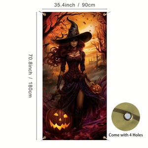 Housse de porte d'Halloween en polyester, motif sorcière, citrouille effrayante, corbeau, château et coucher de soleil, pour porte d'entrée, décoration de fête maison hantée - Product Image 3