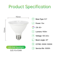 Projecteur LED Haute Qualité Résistant à la Chaleur E27 10W 900LM 100-265V Angle de Faisceau 40° Intensité Variable Intelligent Lumière Vive Température de Couleur 3000K-10000K