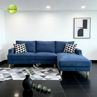 Sofá Moderno de Tela Suave Azul Marino de 3 Plazas en Forma de L con Chaise Longue y Patas de Madera Maciza para Sala de Estar/Apartamento/Hotel/Oficina