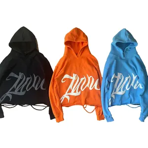 Fábrica Atacado Puff Impressão Sem String Cut Edge Hoodies Logotipo Personalizado Heavyweight 100% Algodão Raw Hem Hoodie Para Homens